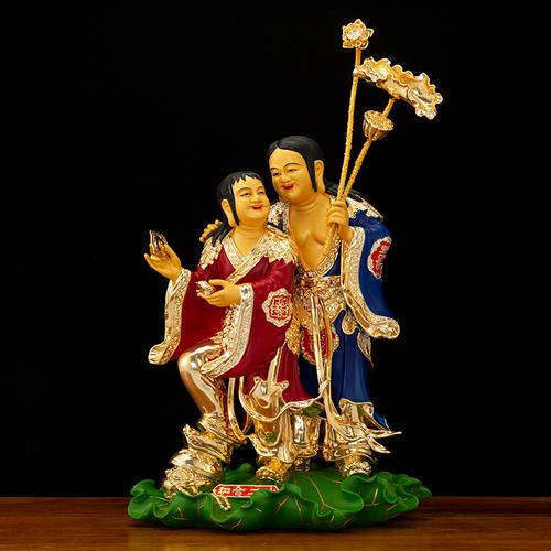 台湾纯铜鎏金和合二仙摆件家用供奉二圣铜像摆件
