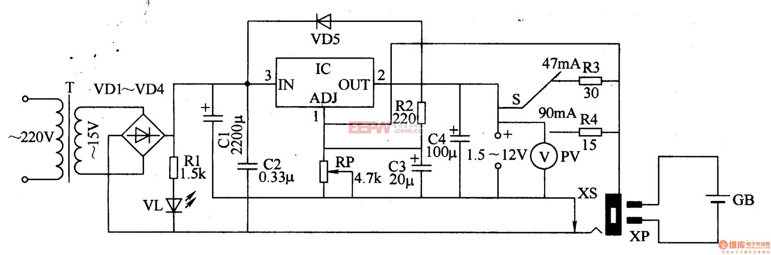电源电路,其最大输出功率为10w左右,输出直流电压为1995-l2v可调