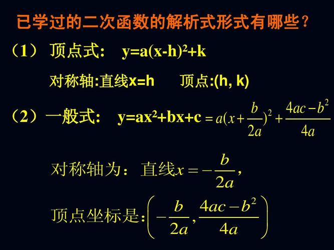 (1) 顶点式: y=a(x-h)²  k 顶点:(h, k) 2 对称轴:直线x=h (2)