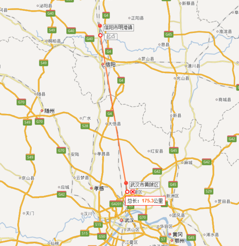展开全部 河南省信阳市明港镇至武汉市黄陂区的直线距离约175公里附