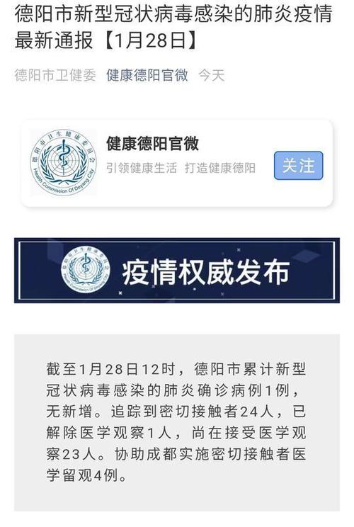 截至1月28日12时,德阳市累计新型冠状病毒感染的肺炎确诊病例1例,无