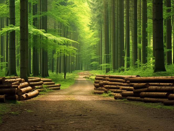 森林小道上摆放的成堆木头绿色森林树木风景图