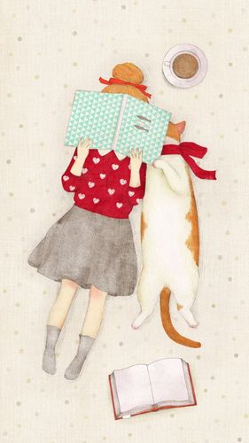 日系小清新治愈系插画壁纸 小女孩和猫咪