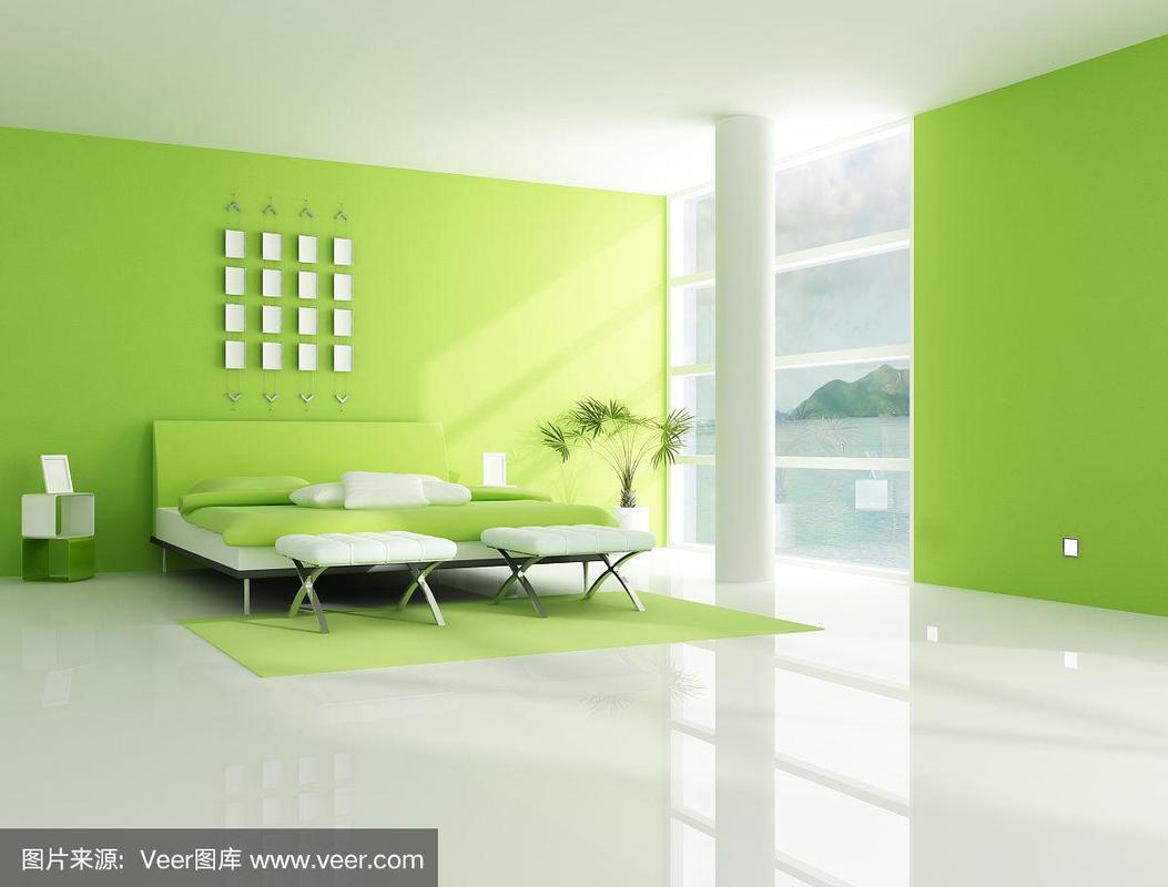 绿色,现代,卧室,住宅房间,水平画幅