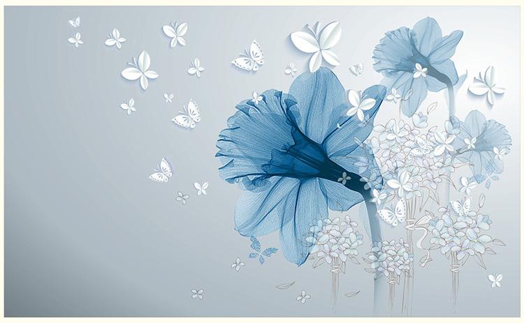 墙布厂家电视背景墙壁纸简约现代客厅影视墙装饰蓝色花卉蝴蝶壁画