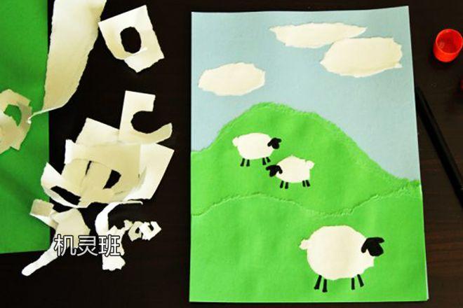 幼儿园撕纸拼贴画山坡上的绵羊步骤图解