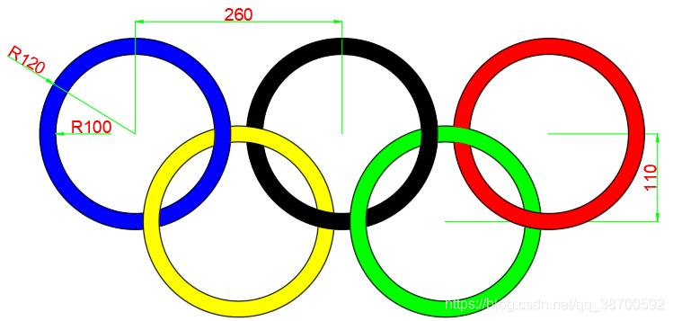 按比例绘制(autocad)五环标志由5个奥林匹克环套接组成,有蓝,黑,红,黄