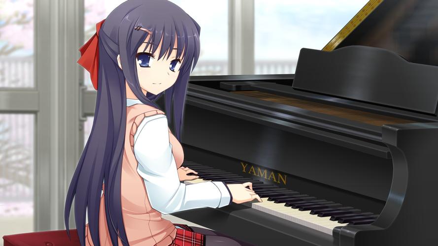 蓝色的头发动漫女孩弹钢琴