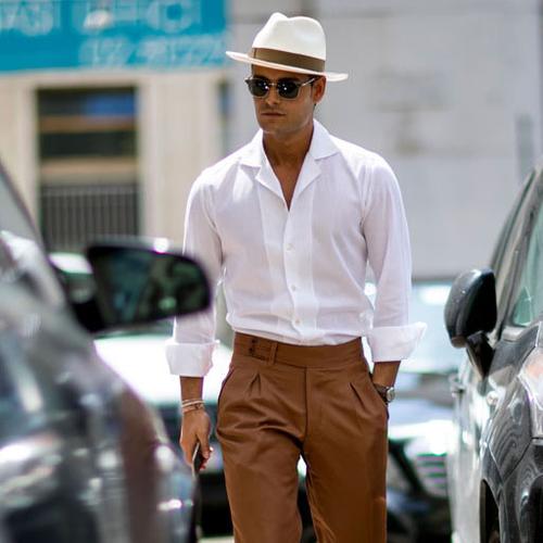 长袖衬衫白色_欧美街拍复古青年古巴领修身衬衣男长袖薄款夏季衬衫
