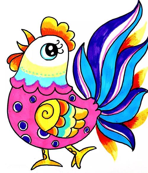 运用水彩笔开始为公鸡涂上颜色,表现出丰富的色彩美.