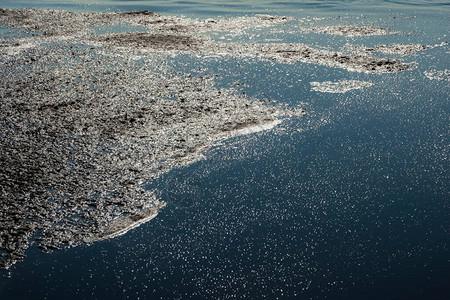 水面上有深色臭味的废物海洋污染环境背景图片