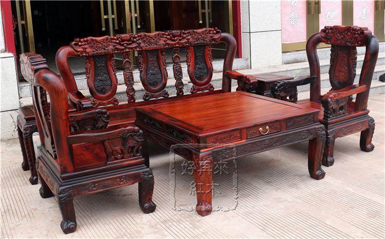 红木老挝大红酸枝战国大象沙发六件套 交趾黄檀客厅中式组合家具_不