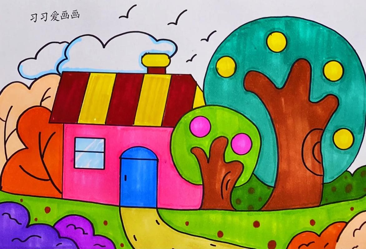 一起来画色彩丰富的树丛小屋主题画吧.#简笔画 - 抖音