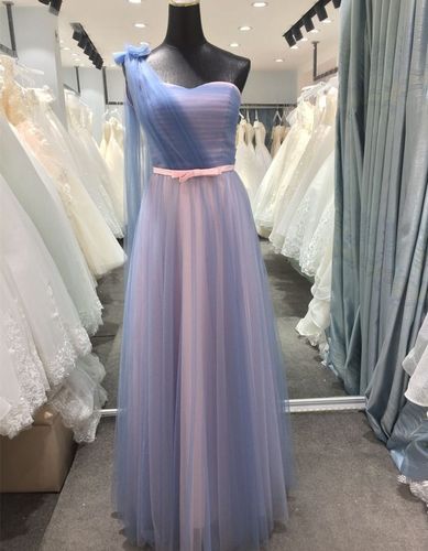 2018新款婚纱晚礼服 新款伴娘服 一字肩姐妹裙长款蓝色灰色粉色