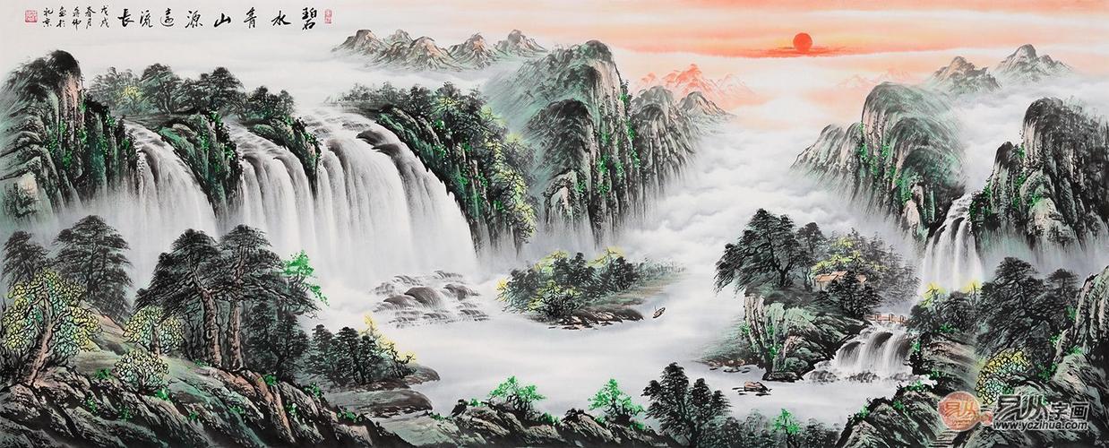 春和景明 蒋伟新作沙发背景画《碧水青山源远流长》此幅山水画描绘的