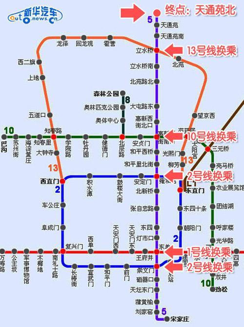 北京地铁5号线换乘图地铁5号线的方向不要坐反了1号线全程车程大概30