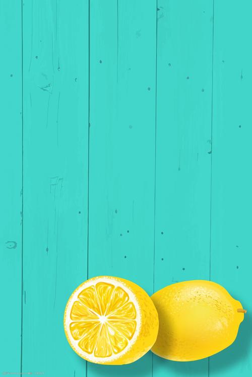 绿色木板柠檬装饰海报背景 柠檬 黄 手绘 木板 蓝绿色 点缀 小清新