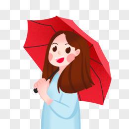 手绘女孩雨中撑伞免抠元素