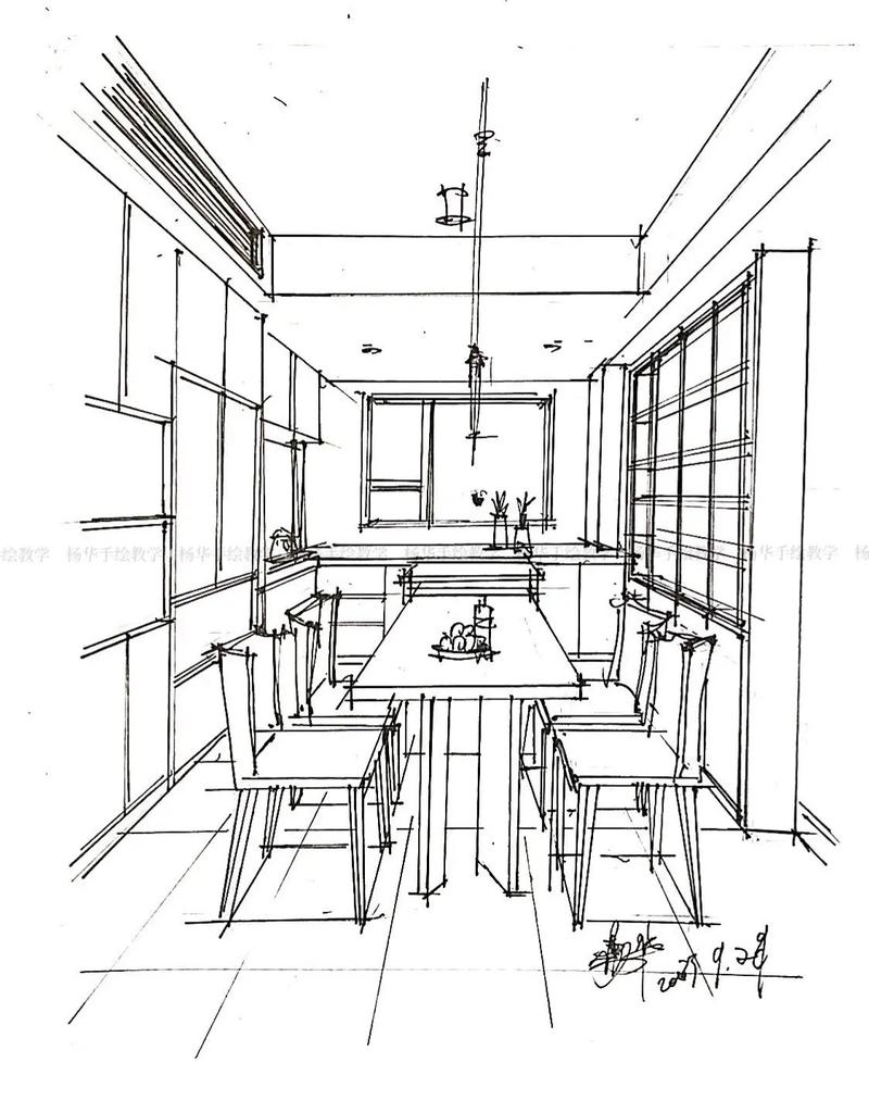 敞开式厨房线稿 一点透视.#哈尔滨室内设计手绘考研班 #零基 - 抖音