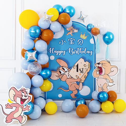 男孩宝宝1一周岁生日布置米奇鼠主题气球背景墙装饰动物生日海报2