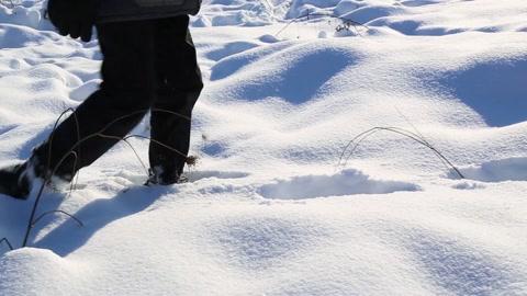在一个下雪后的冬日一个男人在雪中行走