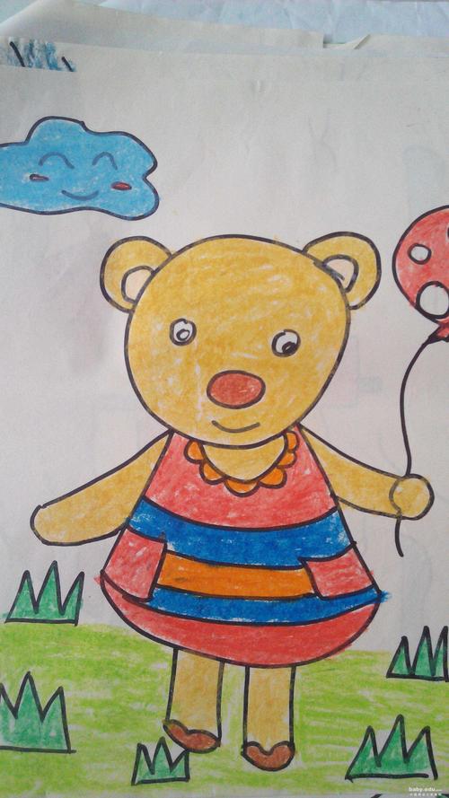 小学生蜡笔画作品-玩气球的小熊--简笔画大全