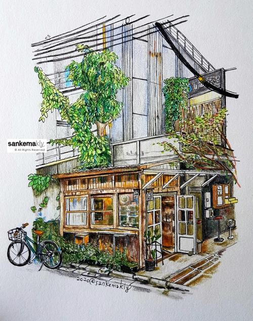 梦里的咖啡馆彩铅手绘分享