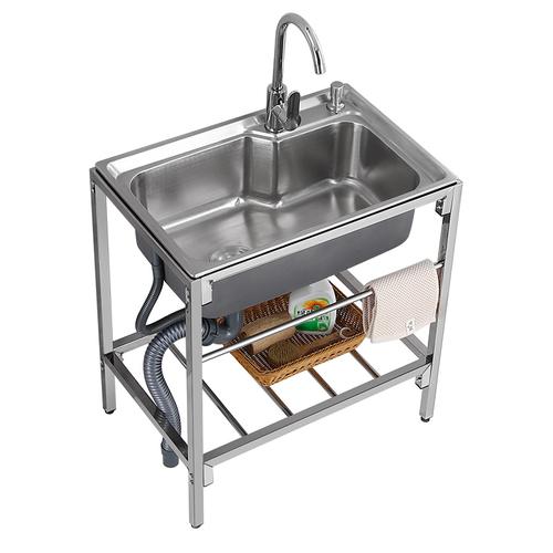 不锈钢简易水槽厨房洗菜盆水池带支架家用洗碗槽洗手盆单槽带龙头