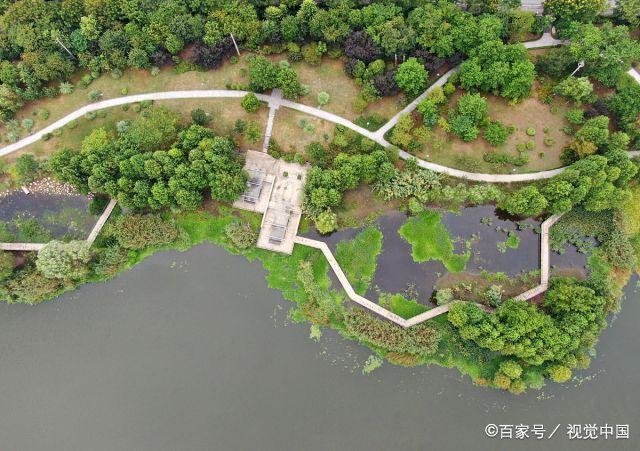 江苏无锡俯瞰长广溪国家湿地公园水清岸绿景色优美