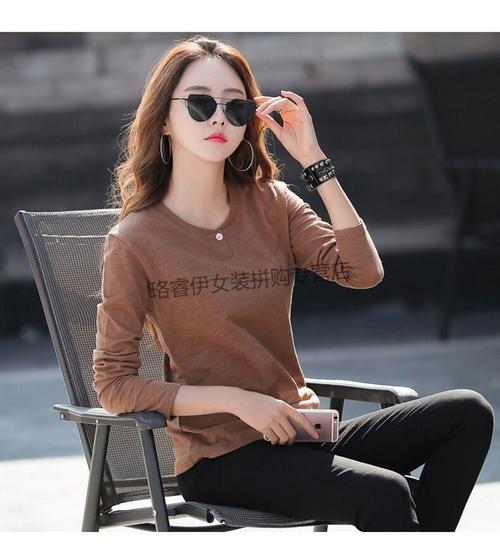 春秋装2021款韩版长袖t恤女修身显瘦打底衫上衣纯色内搭减龄咖啡色