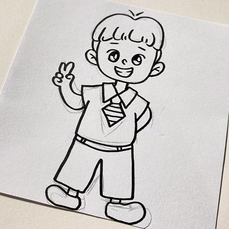 儿童画|卡通小男孩9699-附线稿 10×10的衬衫牛仔小男孩