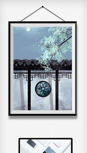 中国古风月夜梨花庭院水彩水墨画