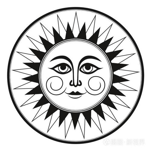 复古黑白族装饰壁画神秘的微笑的太阳