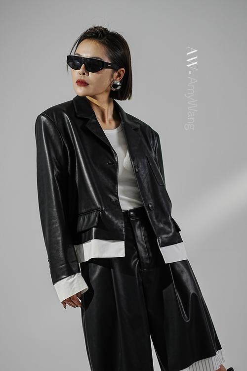 aw设计师原创定制pu皮衣外套女假两件翻领皮夹克机车黑色长袖休闲