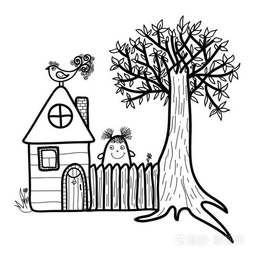 卡通房子,女孩和树插画-正版商用图片0d07j3-摄图新视界