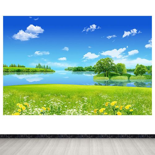 蓝天白云自然风景画客厅卧室墙贴装饰画花草树木湖泊山水壁画自粘