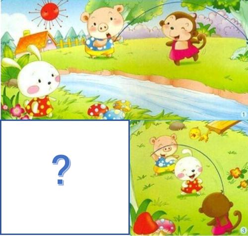 小兔在河对岸看着他们;第三幅图小猪,小猴和一起跳绳