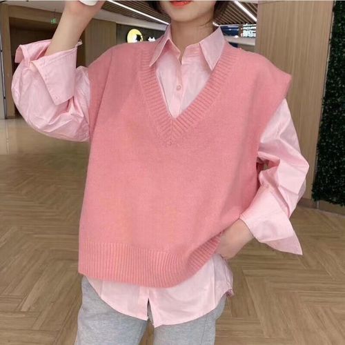 小清新学院甜美长袖衬衫 针织马甲背心套装/单件 粉色马甲 粉色衬衫 l