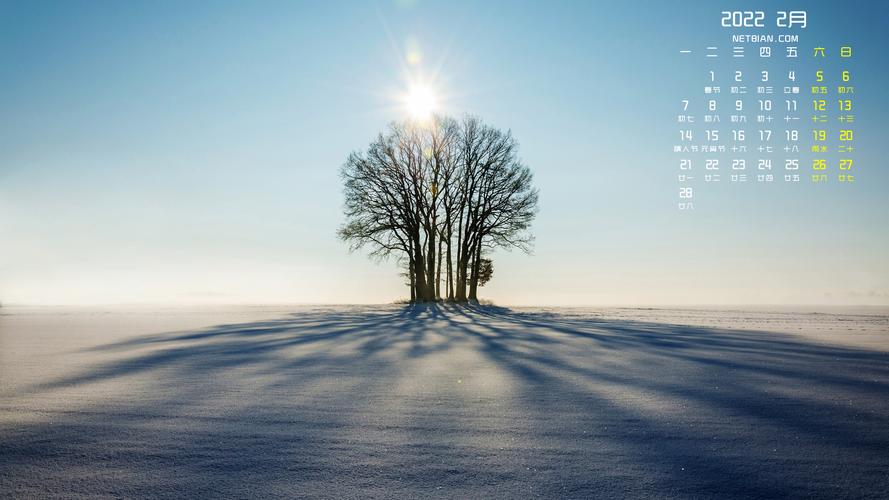 冬天雪地树太阳风景2022年2月日历桌面壁纸