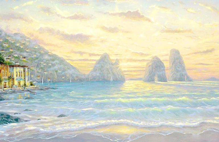 海边日出风景油画图片