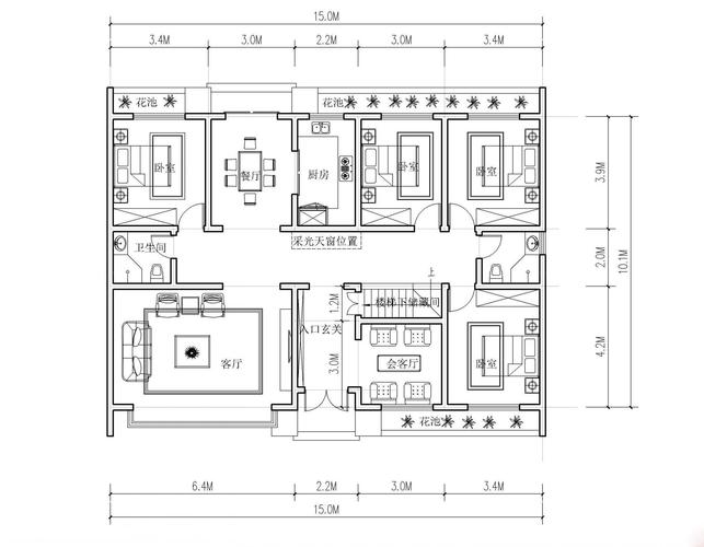 四室两厅两卫房子设计平面图