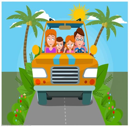幸福的家庭旅游 家庭旅游 旅游 旅游插画 矢量素材 椰树 车辆 一家人