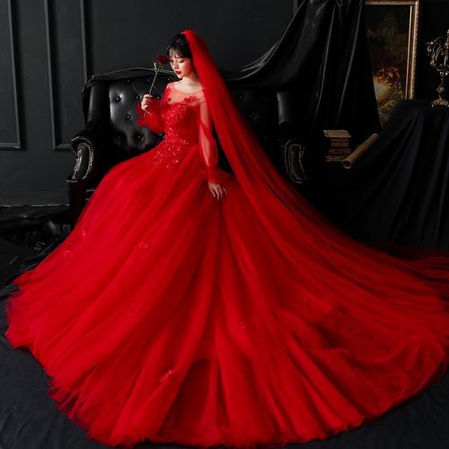 主婚纱2021新款新娘长袖气质红色齐地礼服小个子法式大码拖尾显新
