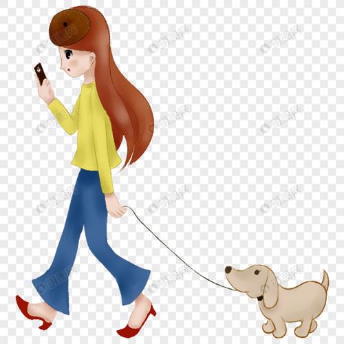 遛狗玩手机的时尚女孩