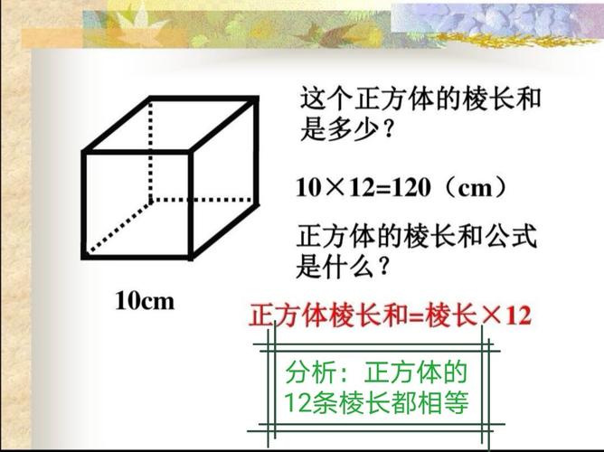 分析:正方体棱长总和=棱长x12 利用求棱长总和公式,先列式10x12=120