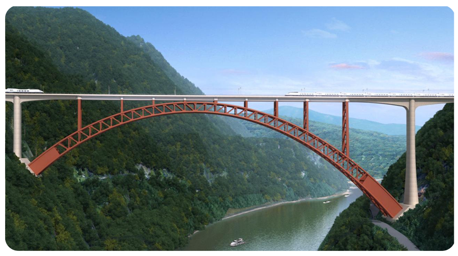 在高速铁路领域内,主跨为292m非对称上承式钢管混凝土拱桥在同类型