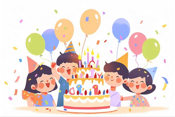 人物快乐的四人在生日聚会上庆祝卡通ai插画