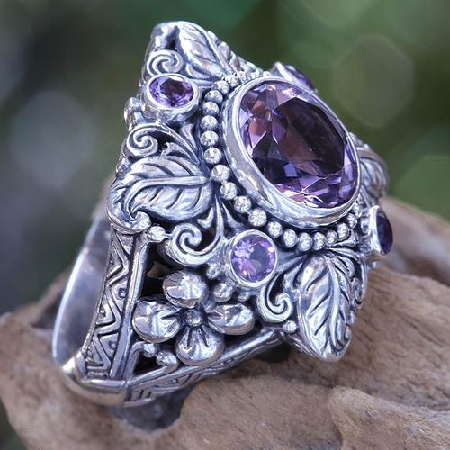 健杰速卖通新款奢华紫水晶戒指 欧美复古仿泰银树叶子花朵指环