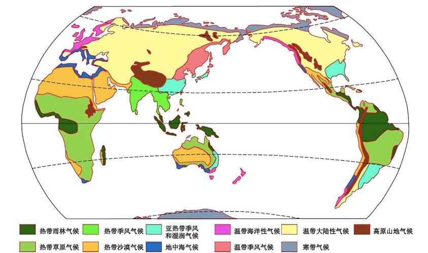 通过世界气候类型分布图可以发现,全球热带雨林主要分布在赤道两侧三
