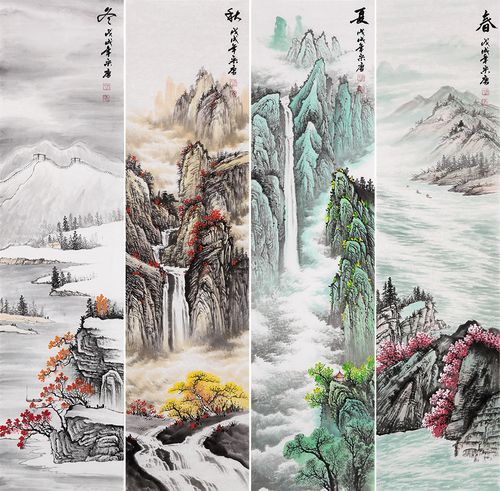手绘春夏秋冬四条屏国画,从右至左描绘了春夏秋冬四季流转的自然山水
